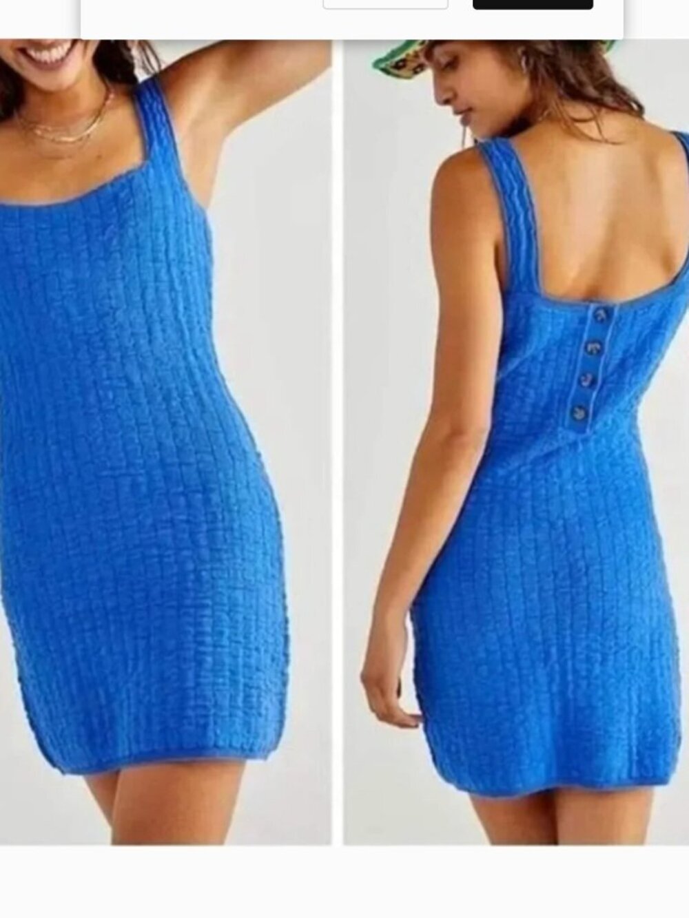 FP Beach Short and Sweet Dress Cotton Knit Mini Textured Stretch Blue Medium